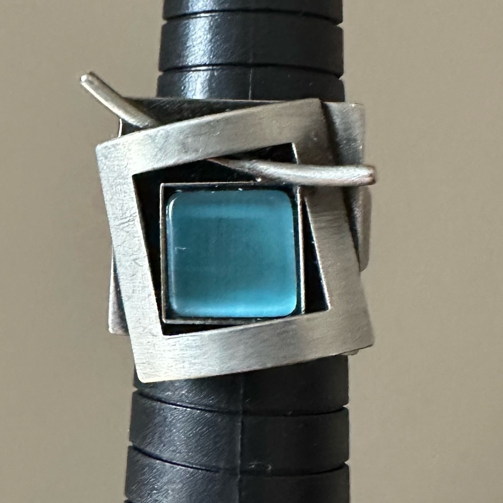Christophe Poly Metal and Blue Stone Artsy Ring Signed Size 8.5